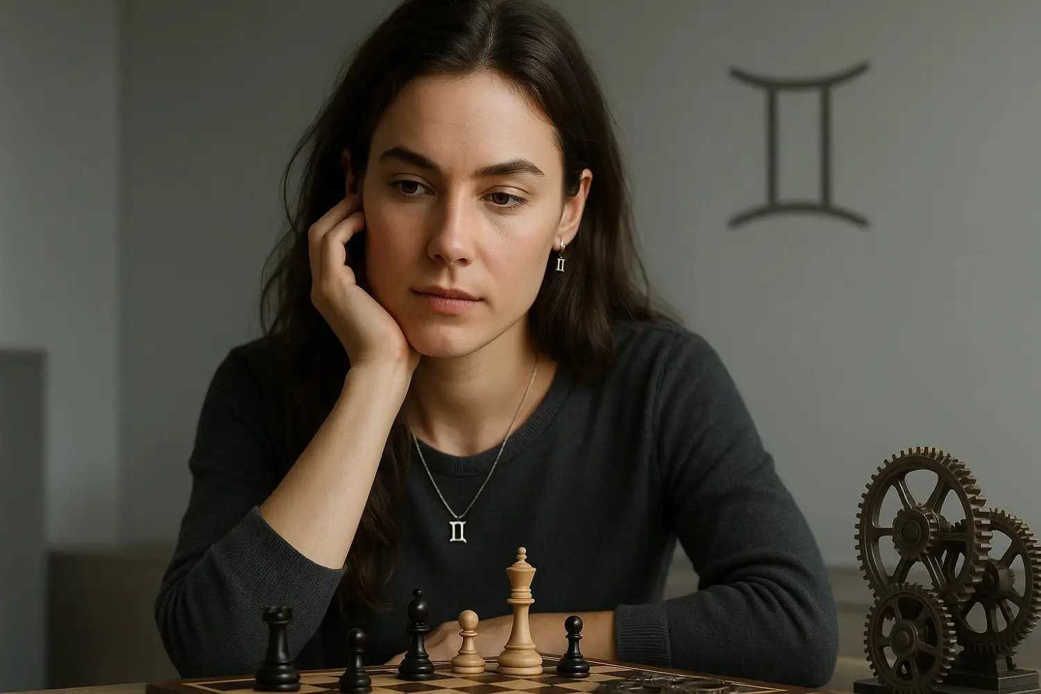 A Gemini in a thoughtful pose, perhaps with gears or a chessboard, symbolizing strategy